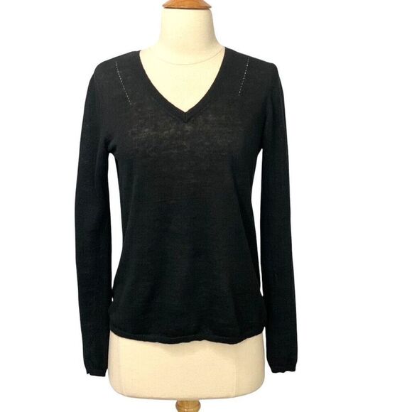 Garnet Hill Black Long Sleeve Linen Sweater V-Neck Classic Versatile Size XS - Picture 9 of 9